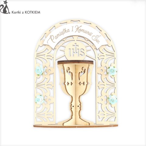 Pamiątka drewniana kielich I Komunia Święta niebieski