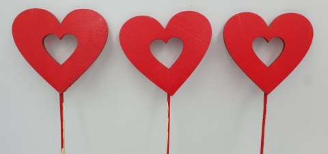 Serce na piku drewnianym czerwone 3szt.