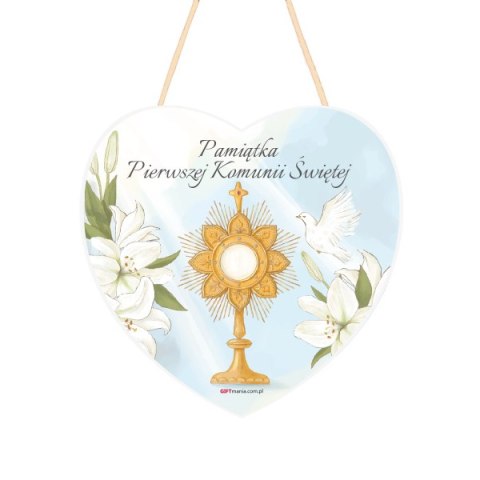 Drewniana tabliczka w kształcie serca druk UV z napisem "Pamiątka Pierwszej Komunii Świętej"