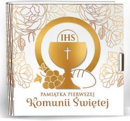 Kasetka kwadrat (życzenia + kopertka) 16 x 16cm KOMUNIA ŚW Złoty Kielich