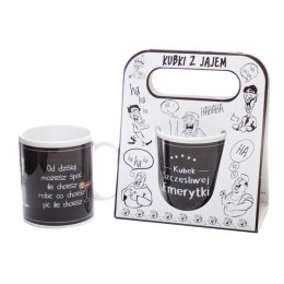 Kubek ceramiczny w torebce z napisem 'Kubek szczęśliwej emerytki ' kolor czarny