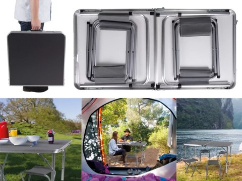 Zestaw stolik stół turystyczny składany kempingowy duży 4 krzesła walizka brąz