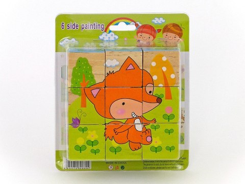 Układanka drewniana 10x10cm kwadratowe kostki 3,5x3,5cm z obrazkami zwierząt, 4 różne obrazki