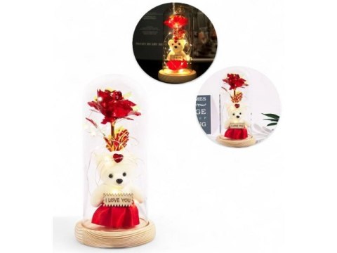 Wieczna róża LED w szkle z misiem 587