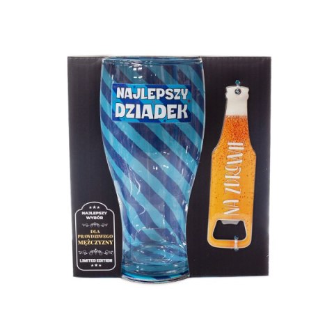 Zestaw 2w1 szklanka do piwa z napisem' Najlepszy Dziadek' z otwieraczem do butelek "Na zdrowie " w ozdobnym opakowaniu prezentow