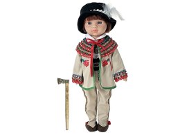 Lalka chłopiec 38cm w góralskim stroju ludowym z ciupagą dł.16cm z polskim głosem śpiewa i mówi po polsku,twarda