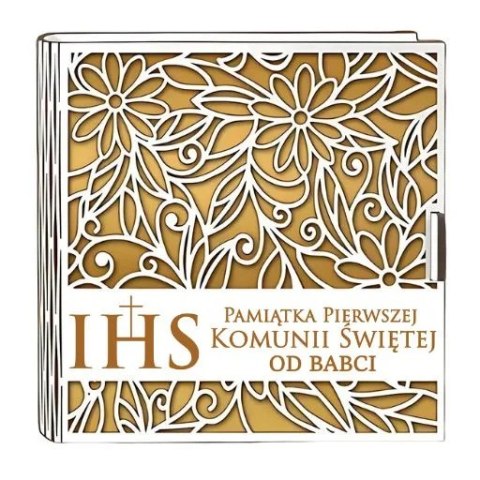 Pudełko na pieniądze kwadrat KOMUNIA - od BABCI - Ażur 3308A-KOM2Z-B