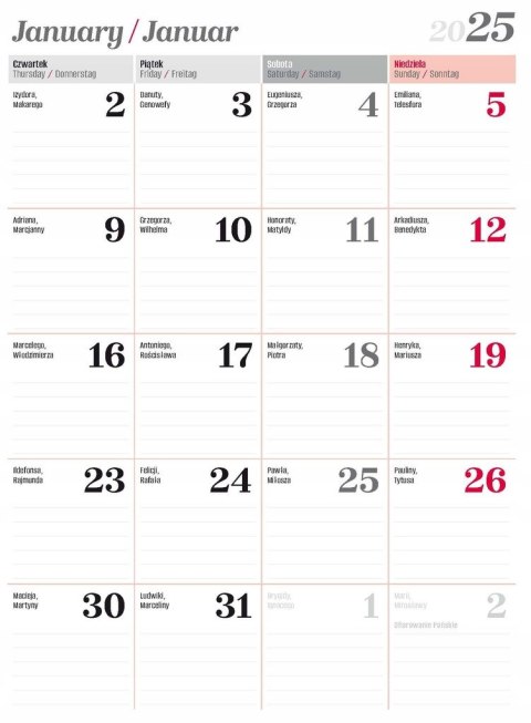 Kalendarz planer miesięczny duży 2026 A4