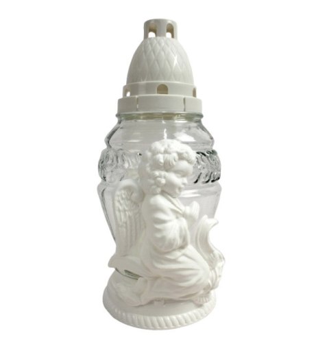 Znicz szklany Z 284 biały z aniołkiem 25 cm OMZ284