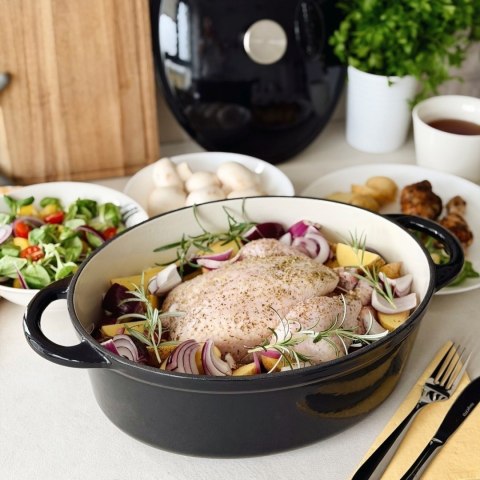 Gęsiarka wielozadaniowa brytfanna do pieczenia z powłoką emaliowaną - owalny garnek żeliwny 6,5 l owalna czarna