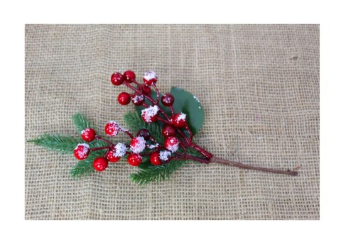 Gałązka sztuczna BOŻONARODZENIOWA czerwone kuleczki 10 szt XIA-105