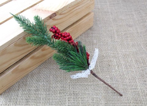 Gałązka sztuczna BOŻONARODZENIOWA czerwone kuleczki biała kokardka - 10 szt XIA-103