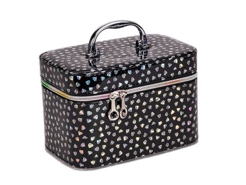 Kuferek walizka z lusterkiem zapinany na zamek czarny z hologramem 21 x 14 x 13cm