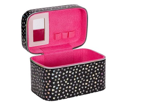Kuferek walizka z lusterkiem zapinany na zamek czarny z hologramem 21 x 14 x 13cm
