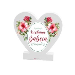 Drewniana tabliczka serce z podstawką wzbogacona lakierem UV z napisem 