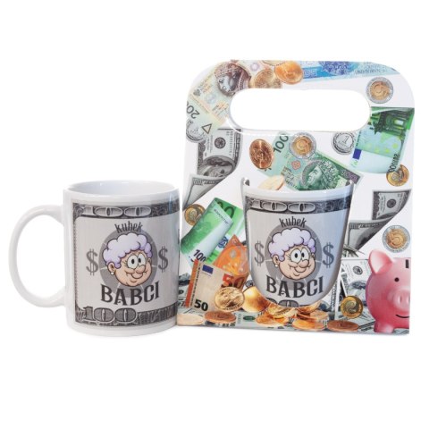 Kubek ceramiczny w ozdobnym opakowaniu z napisem "Kubek Babci $". 330 ml