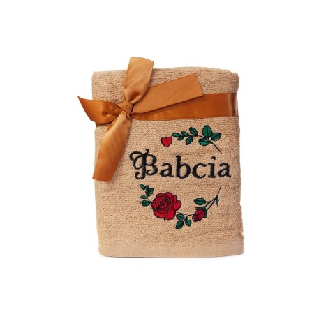 Ręcznik bawełniany "BABCIA" z różą . 50 x 90 cm. kolor miodowy