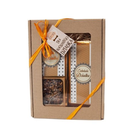 Zestaw prezentowy DLA DZIADKA Herbatka kwiatowa i czekolada w złotym opakowaniu z motywem kropeczek.