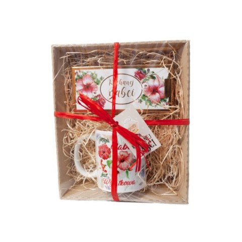 Zestaw prezentowy DLA WYJĄTKOWEJ BABCI - Kubek i czekolada z motywem kwiatu hibiskusa