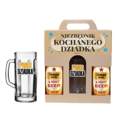 Zestaw prezentowy NIEZBĘDNIK DZIADKA.Dedykowany kufel do piwa 0,5 L z nosidłem na 2 butelki "Piwo Dziadka"