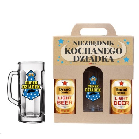 Zestaw prezentowy NIEZBĘDNIK DZIADKA.Dedykowany kufel do piwa 0,5 L z nosidłem na 2 butelki "Super Dziadek"