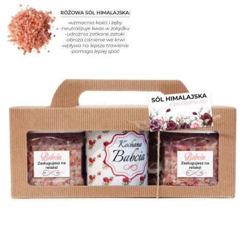 Zestaw prezentowy dla Babci - sól himalajska + płatki róż + kubek w ozdobnym opakowaniu