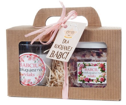 Zestaw relaksacyjny dla BABCI - Świeca zapachowa i sól do kąpieli z płatkami róży