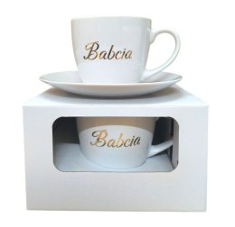 Filiżanka ze spodkiem w kartoniku złoty napis Babcia