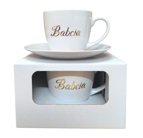 Filiżanka ze spodkiem w kartoniku złoty napis Babcia
