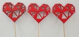 Serce na piku drewnianym diament czerwone 3szt.