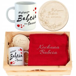 Zestaw kubek + podkładka + ręcznik z haftem na Dzień Babci