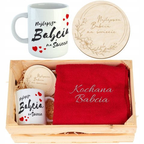 Zestaw kubek + podkładka + ręcznik z haftem na Dzień Babci