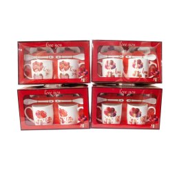 Kpl 2 kubków ceramicznych ze spodkami i łyżeczkami LOVE , mix wzorów. 2X 300 ml WAL0158