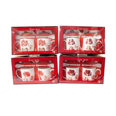 Kpl 2 kubków ceramicznych ze spodkami i łyżeczkami LOVE , mix wzorów. 2X 300 ml WAL0158