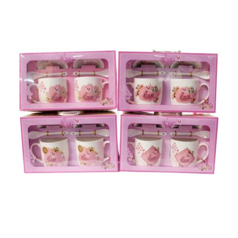 Kpl 2 kubków ceramicznych ze spodkami i łyżeczkami LOVE mix wzorów 2 x 300 ml