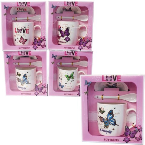 Kubek ceramiczny z łyżeczką i spodkiem w ozdobnym opakowaniu .BUTTERFLY .Mix wzorów. 300 ml