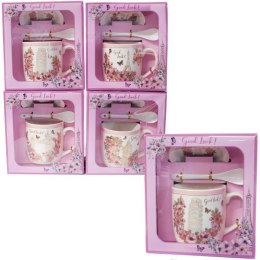 Kubek ceramiczny z łyżeczką i spodkiem w ozdobnym opakowaniu . GOOD LUCK .Mix wzorów. 300 ml