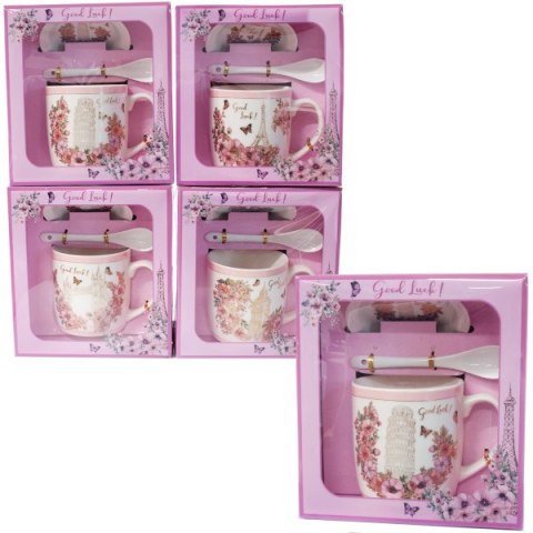 Kubek ceramiczny z łyżeczką i spodkiem w ozdobnym opakowaniu . GOOD LUCK .Mix wzorów. 300 ml