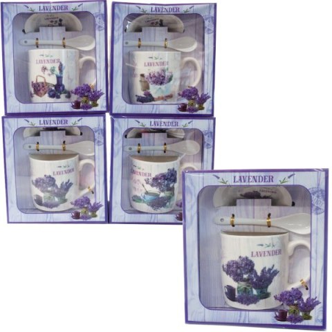 Kubek ceramiczny z łyżeczką i spodkiem w ozdobnym opakowaniu . LAVENDER .Mix wzorów. 300 ml