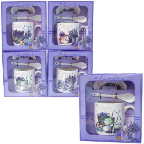 Kubek ceramiczny z łyżeczką i spodkiem w ozdobnym opakowaniu LAVENDER .Mix wzorów. 300 ml