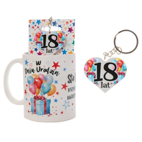 Kubek ceramiczny z napisem "W Dniu Urodzin" + breloczek dwustronny na blisterku 18 lat