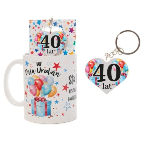 Kubek ceramiczny z napisem "W Dniu Urodzin" + breloczek dwustronny na blisterku 40 lat