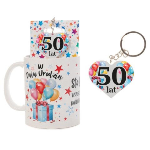 Kubek ceramiczny z napisem "W Dniu Urodzin" + breloczek dwustronny na blisterku 50 lat