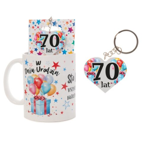 Kubek ceramiczny z napisem "W Dniu Urodzin" + breloczek dwustronny na blisterku 70 lat