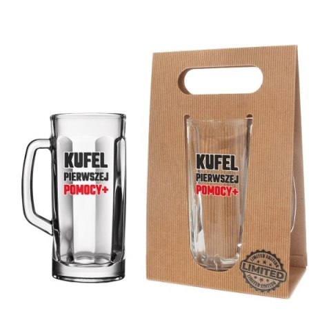 Kufel do piwa w ozdobnym opakowaniu eco z napisem "Kufel Pierwszej Pomocy". 650 ml