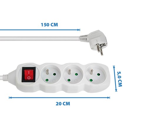 Przedłużacz listwa zasilająca 3 gniazdka z włącznikiem 1.5m BIAŁA ELK210W