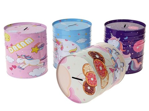 Skarbonka duża metalowa puszka 15 x 13,5cm wzór jednorożce