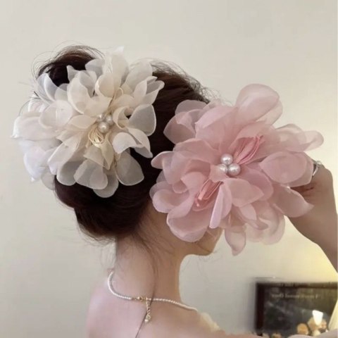 Duża kokarda tiulowa z perełkami, spinka do włosów, klamra SP323B