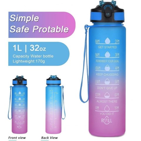 Butelka na wodę, bidon z miarką i słomką 1L OMBRE Niebieski z Fuksją BD18