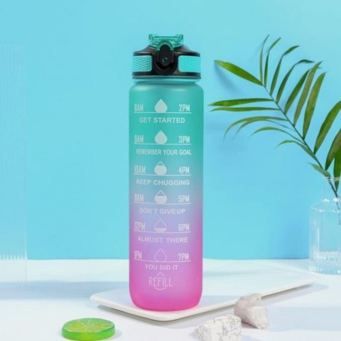 Butelka na wodę, bidon z miarką i słomką 1L OMBRE Zieleń z Różem BD19